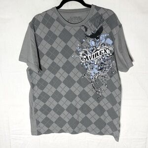 Avirex Grey Cotton Argyle Print Short Sleeve Crew Neck Graphic Tee T Shirt XL